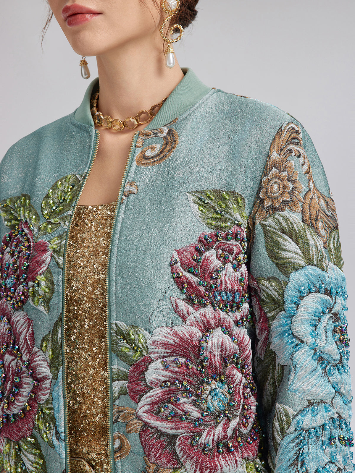 Hand-Beaded 3D Floral Bomber Jacket