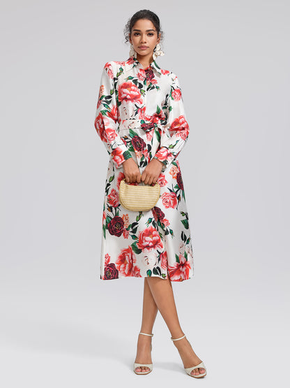 100% Silk Rose Print Turn-down Collar Dress