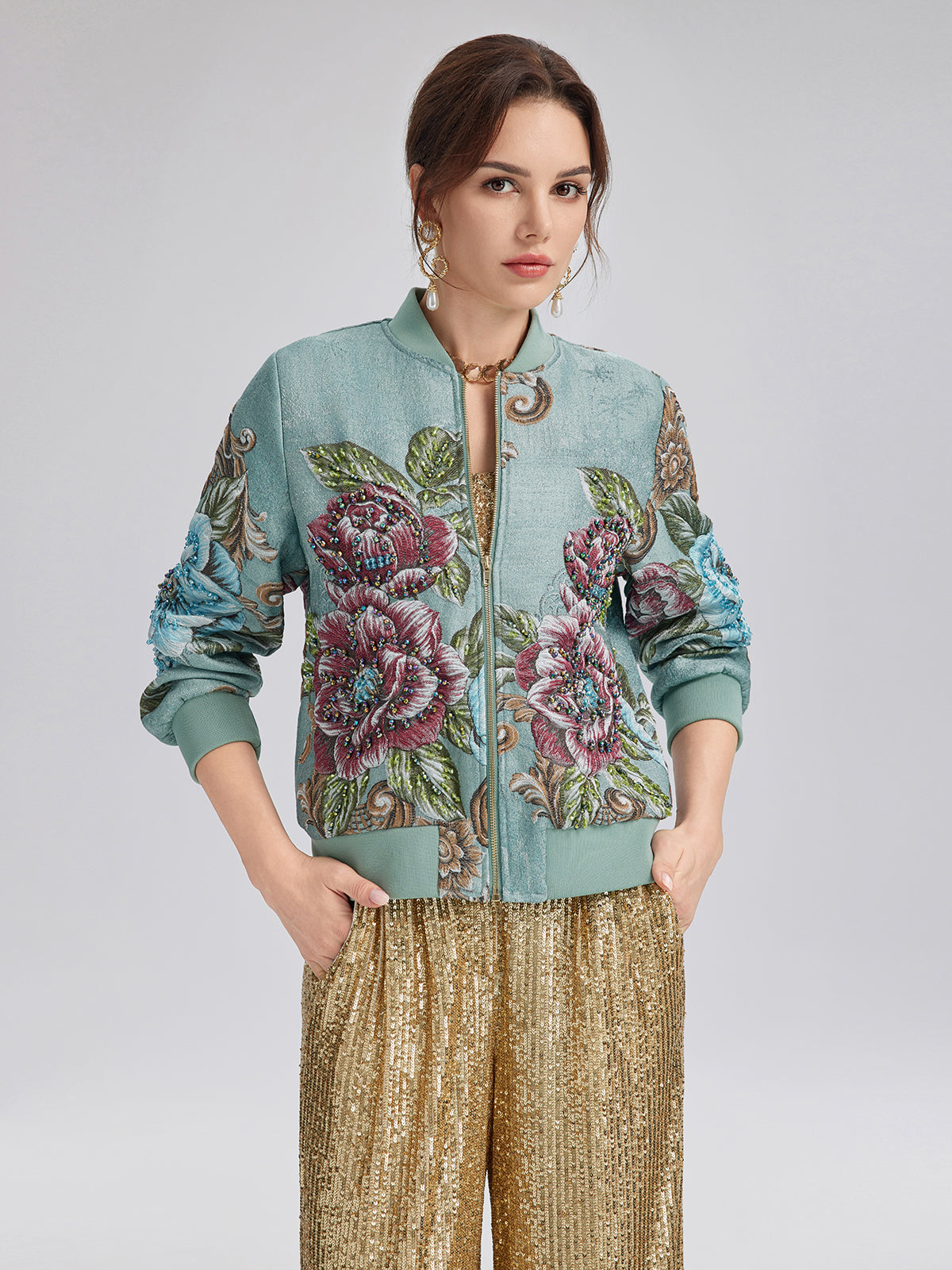 Hand-Beaded 3D Floral Bomber Jacket