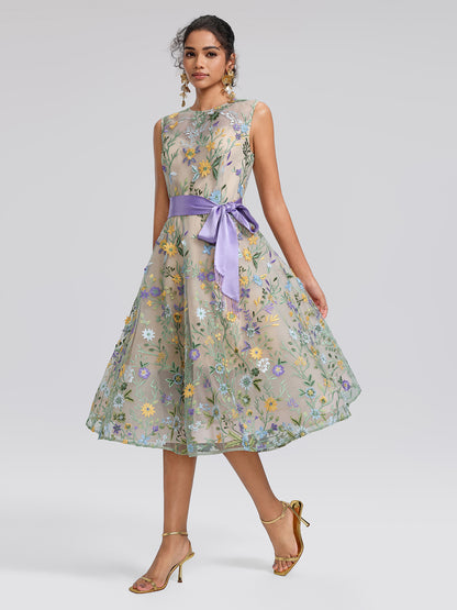 Floral Embroidered Tulle Sleeveless Dress (Wasit Tie & Shawl Included)