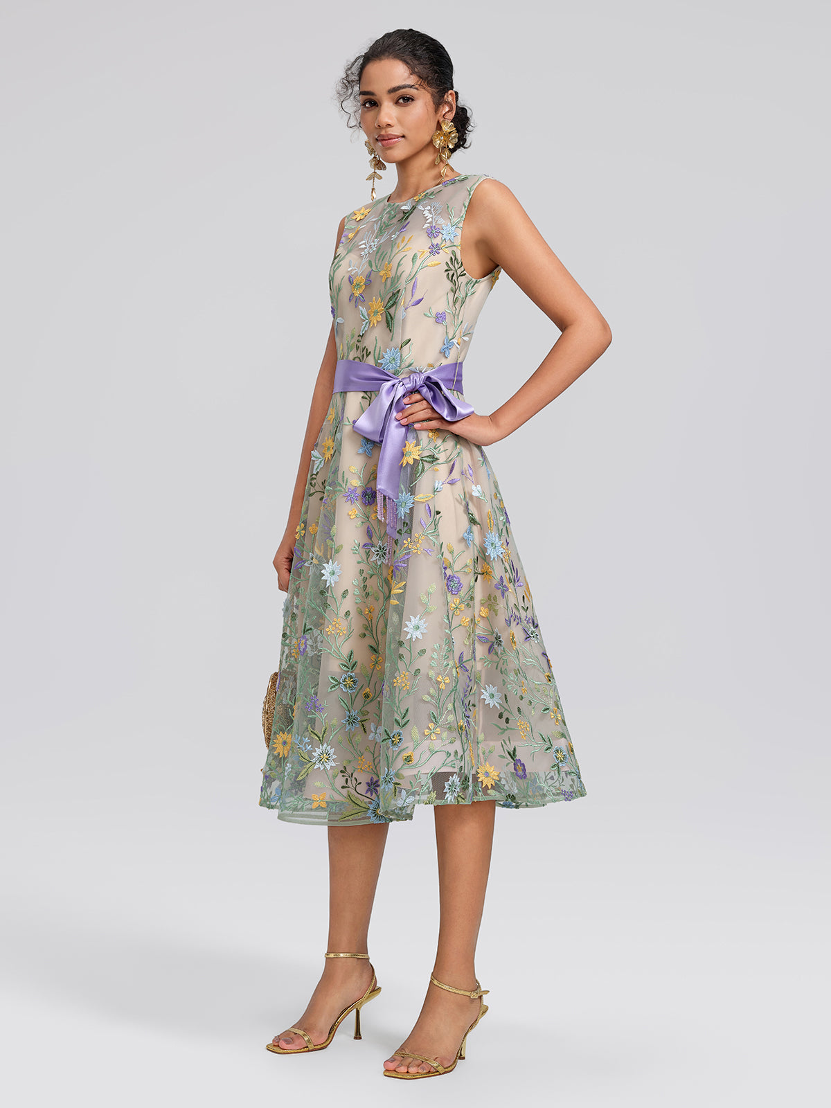 Floral Embroidered Tulle Sleeveless Dress (Wasit Tie & Shawl Included)