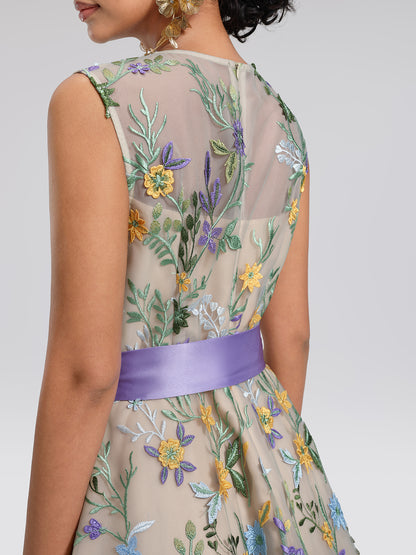 Floral Embroidered Tulle Sleeveless Dress (Wasit Tie & Shawl Included)
