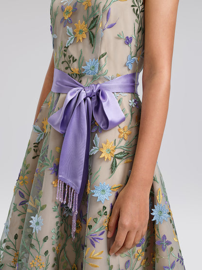 Floral Embroidered Tulle Sleeveless Dress (Wasit Tie & Shawl Included)