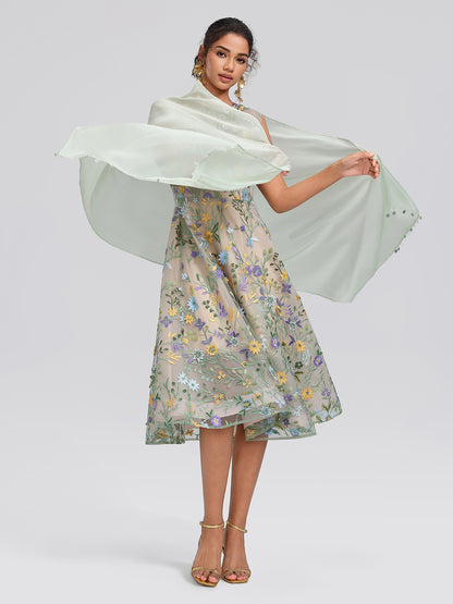 Floral Embroidered Tulle Sleeveless Dress (Wasit Tie & Shawl Included)