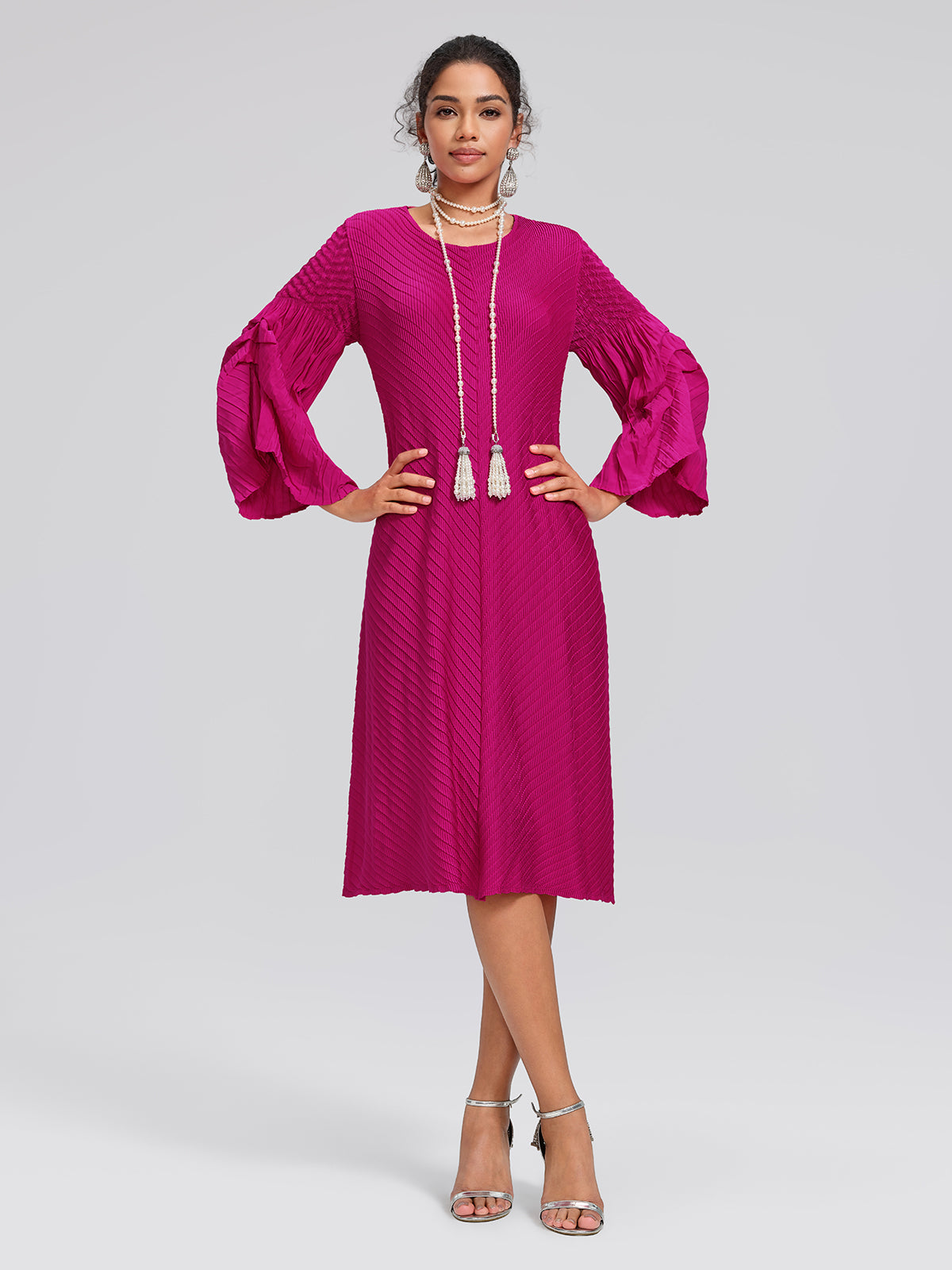 Pleated Bell-Sleeve Crew-Neck Dress