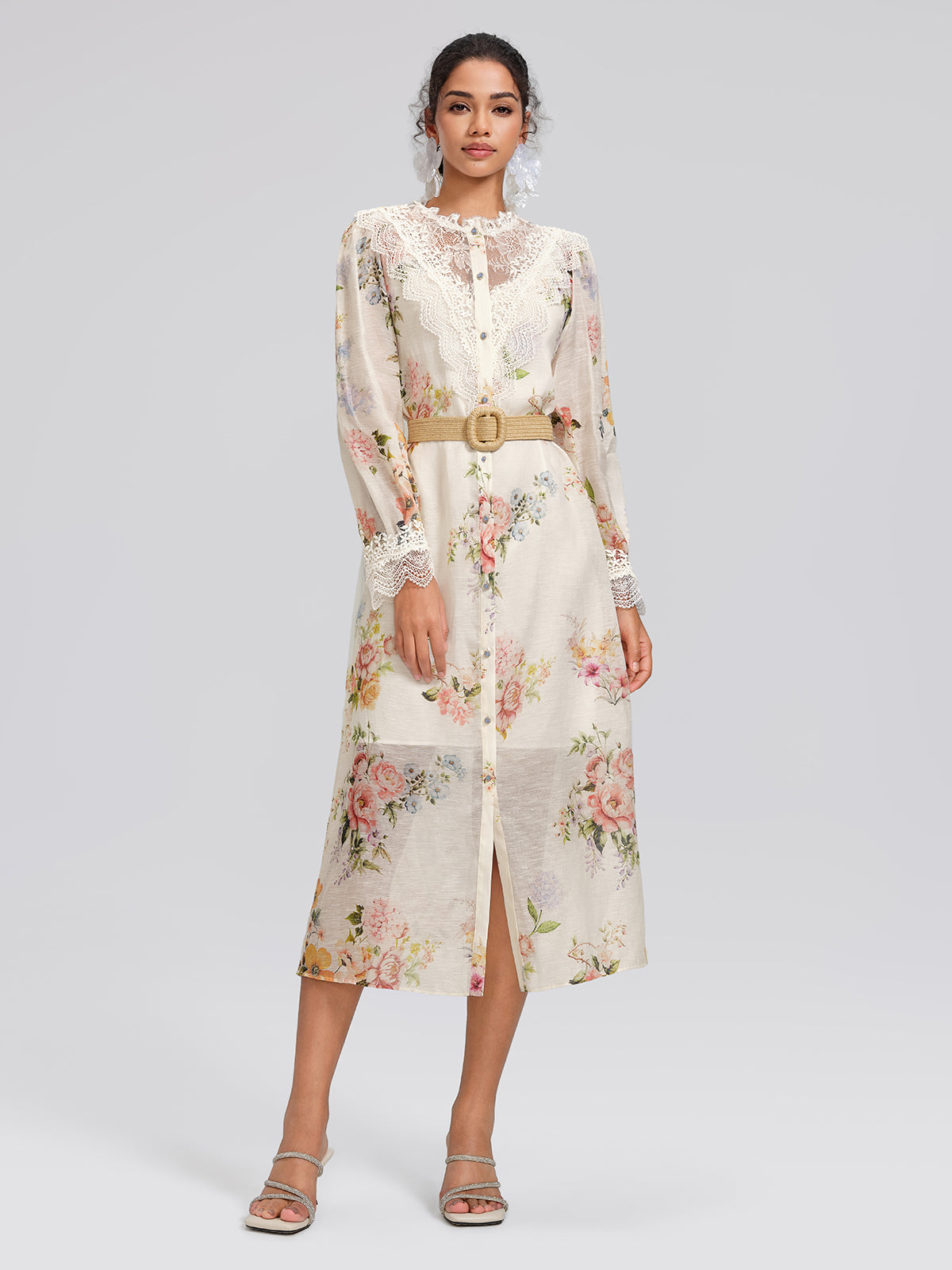Silk-Linen Printed Lace-Trim Dress (Slip & Belt Included)