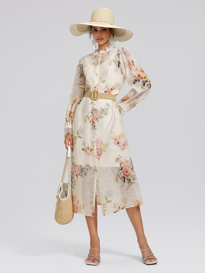 Silk-Linen Printed Lace-Trim Dress (Slip & Belt Included)