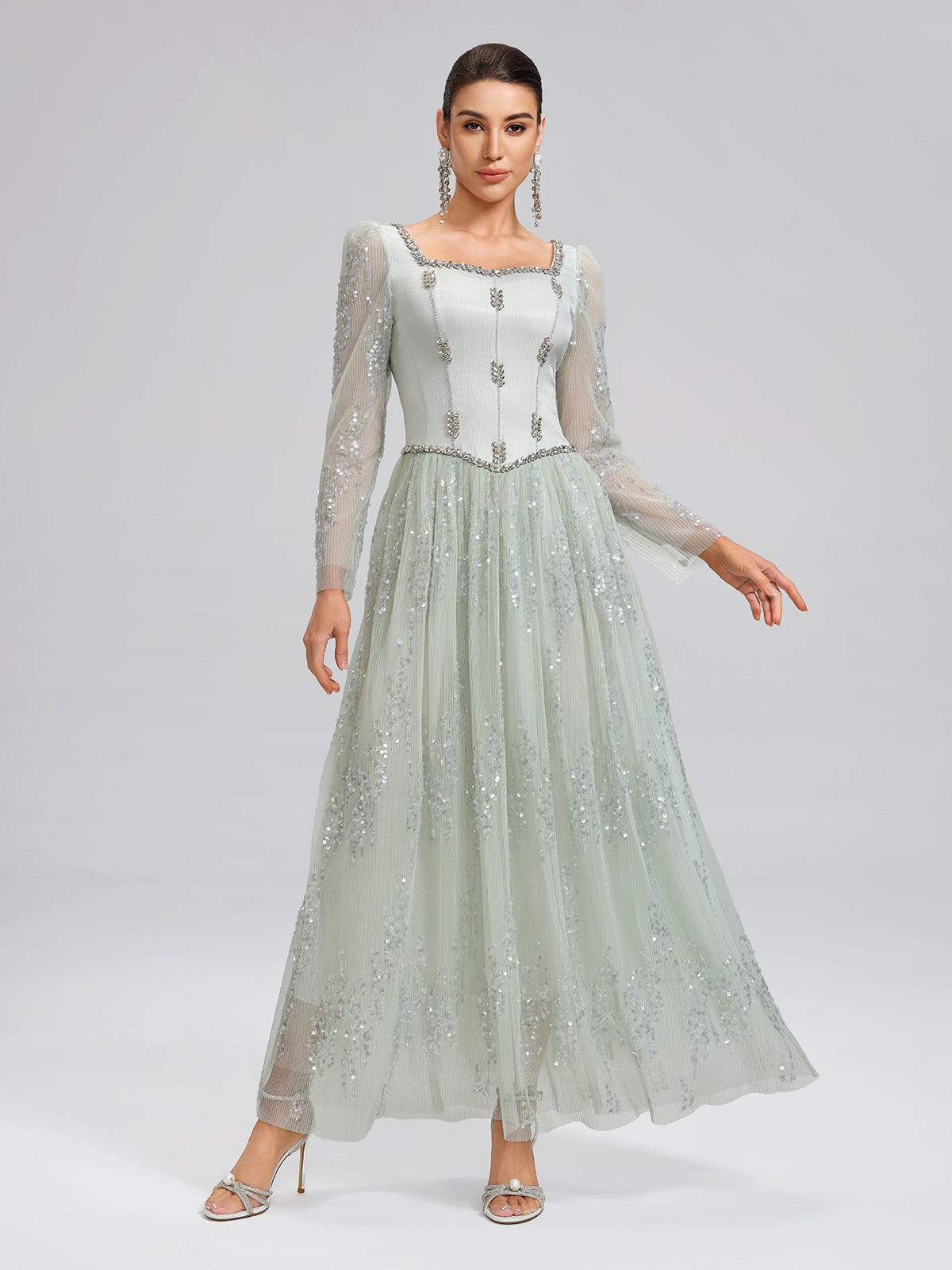 Hand-Beading Sequin Mesh Square-Neck Dress