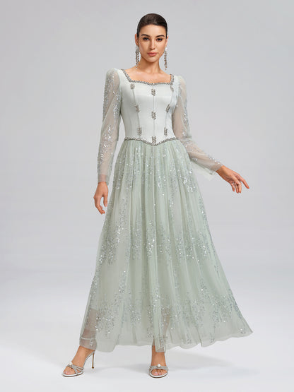 Hand-Beading Sequin Mesh Square-Neck Dress