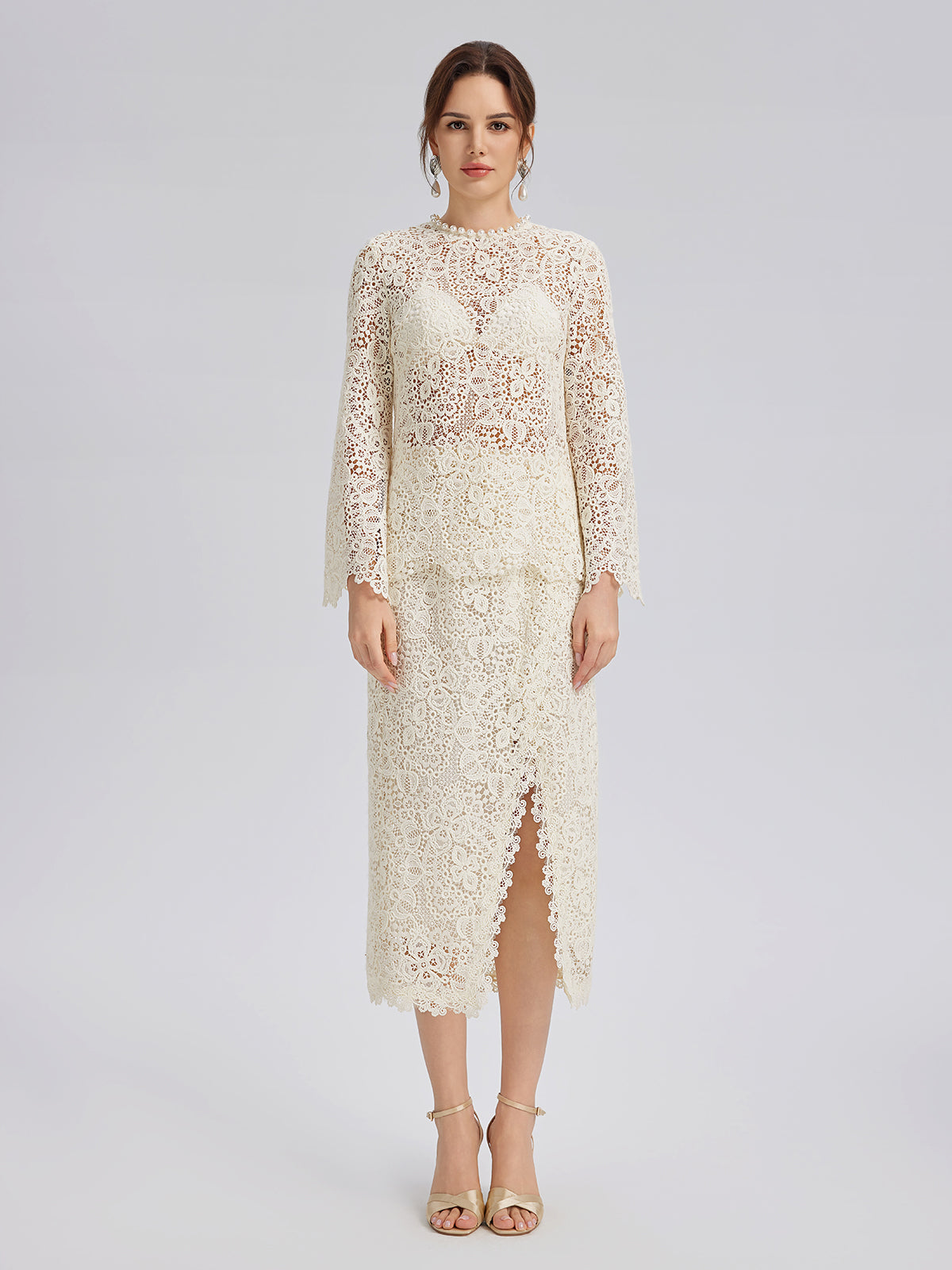 Intricate Embroidered Lace Pearl Top