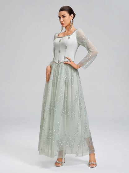 Hand-Beading Sequin Mesh Square-Neck Dress