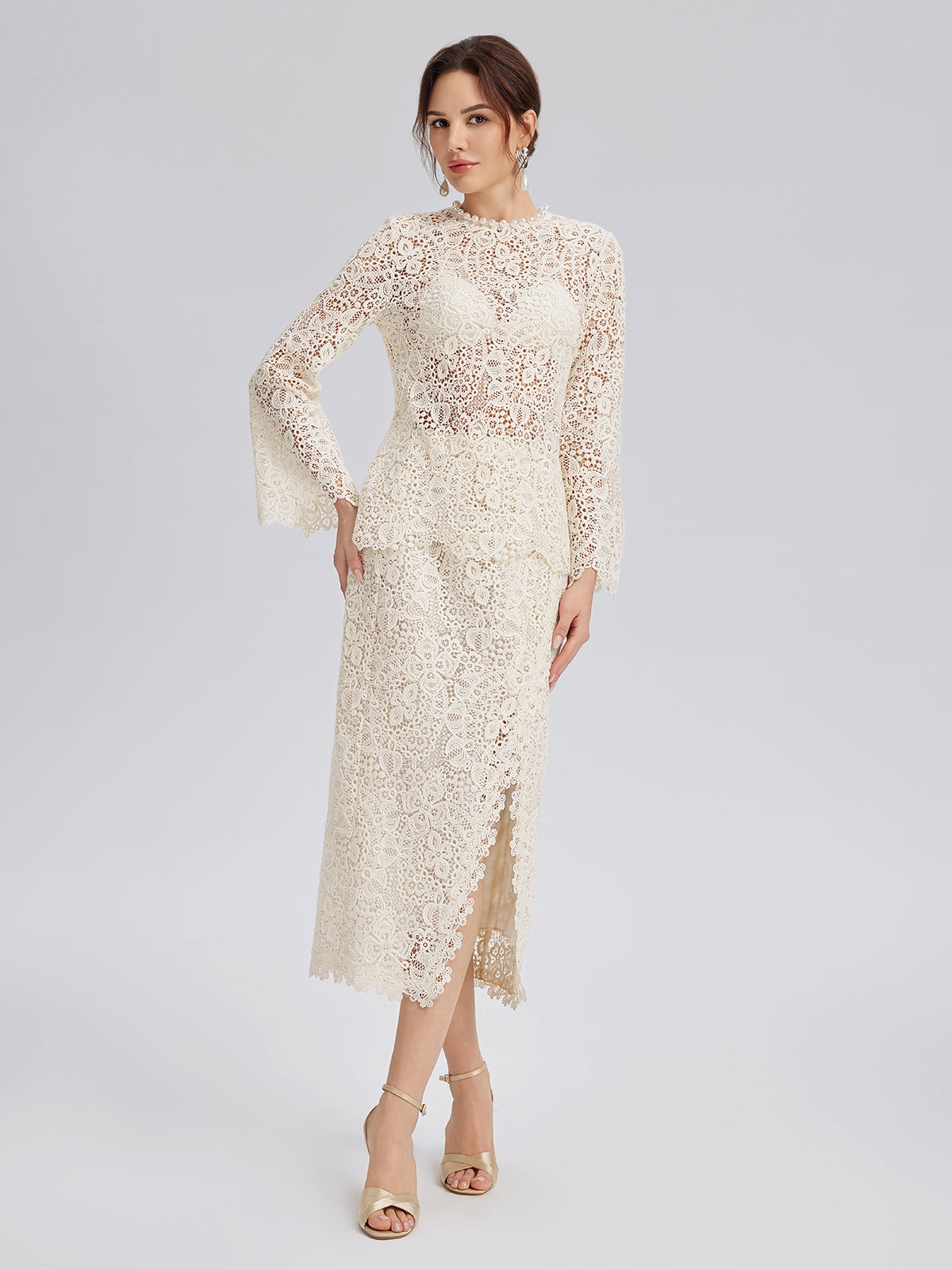 Intricate Embroidered Lace Pearl Top