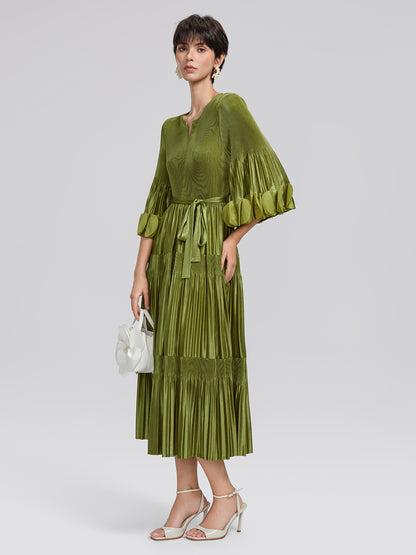 Pleated Cutwork Sleeve Tiered Dress(Waist Tie Included)