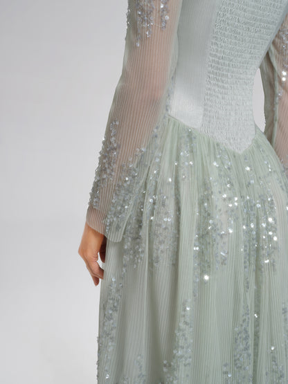 Hand-Beading Sequin Mesh Square-Neck Dress