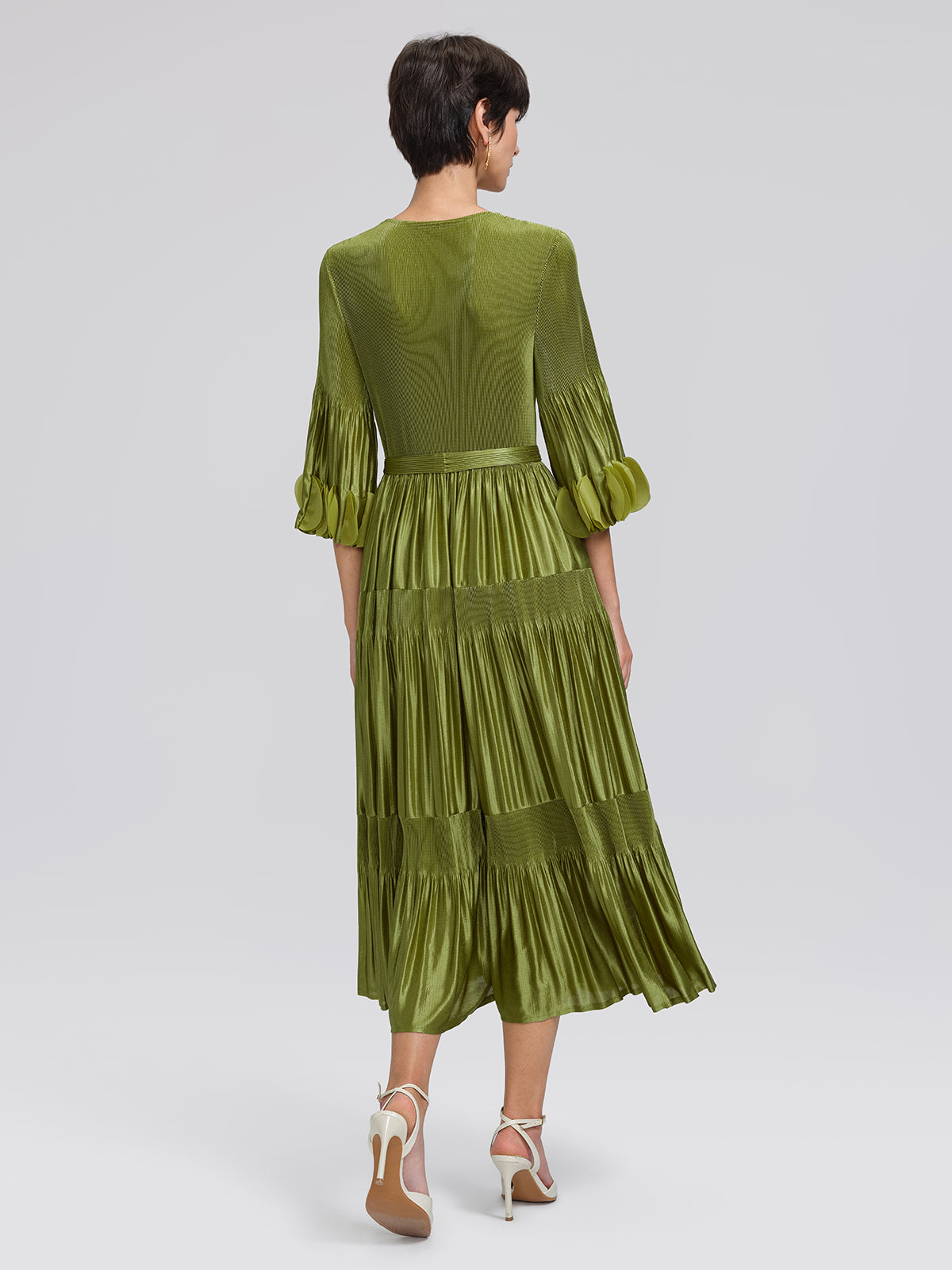 Pleated Cutwork Sleeve Tiered Dress(Waist Tie Included)