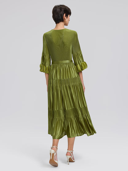 Pleated Cutwork Sleeve Tiered Dress(Waist Tie Included)