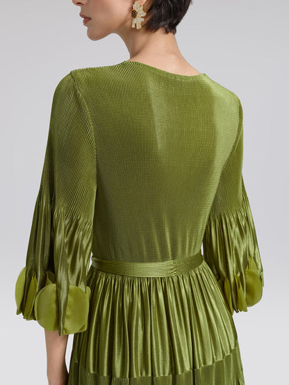 Pleated Cutwork Sleeve Tiered Dress(Waist Tie Included)