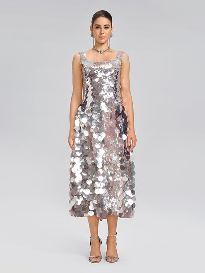 Silver Sequin Square-Neck Gown