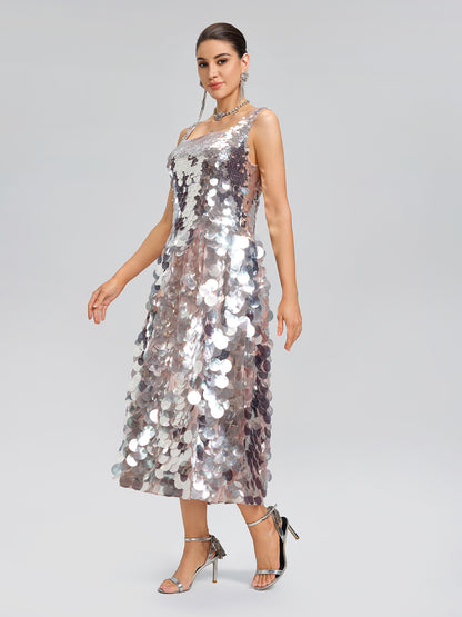 Silver Sequin Square-Neck Gown