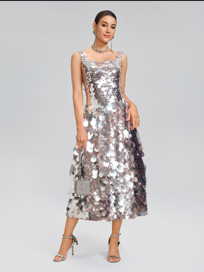 Silver Sequin Square-Neck Gown