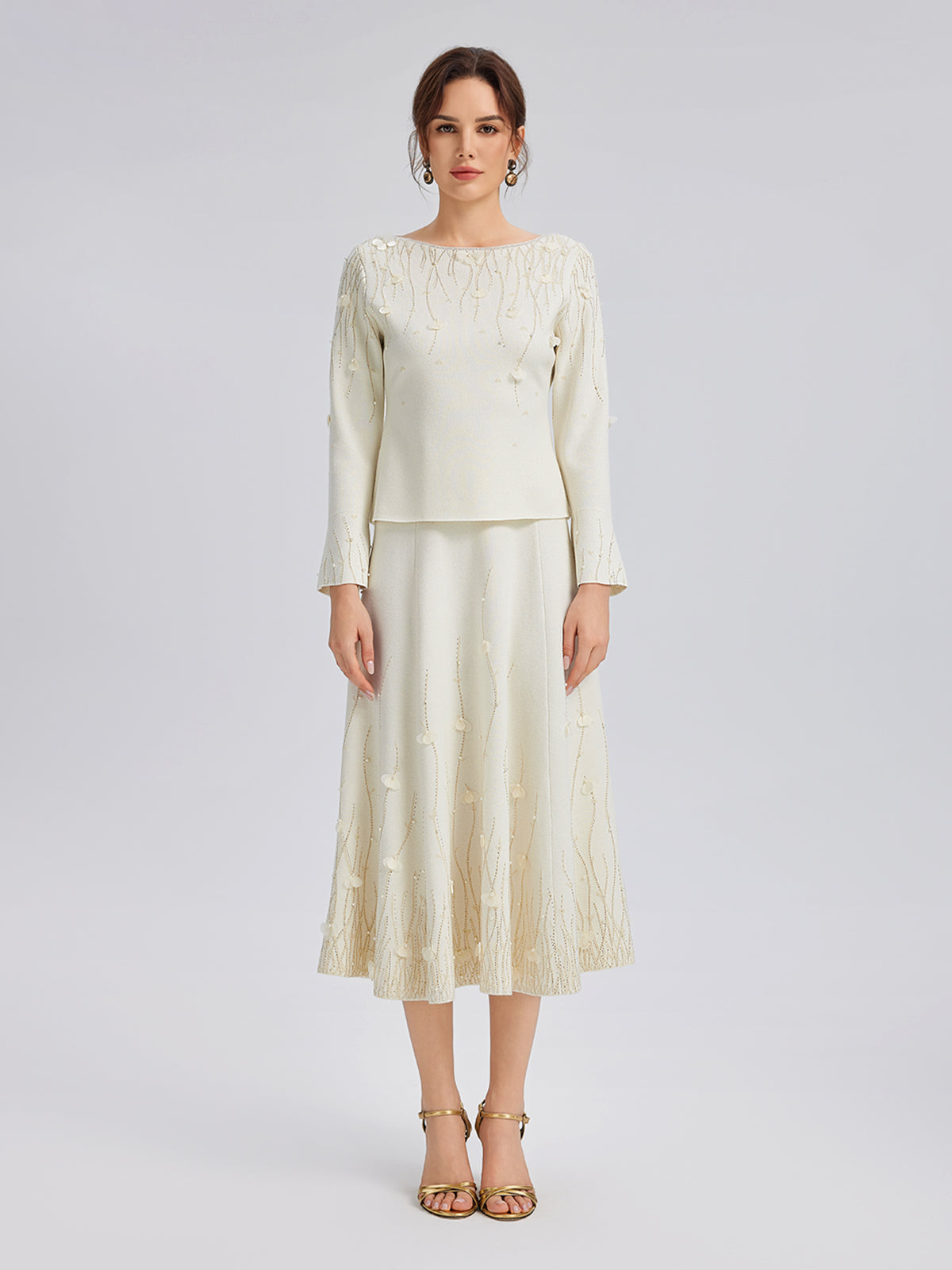 Rhinestone Beaded Wool Knit Elasticated Skirt