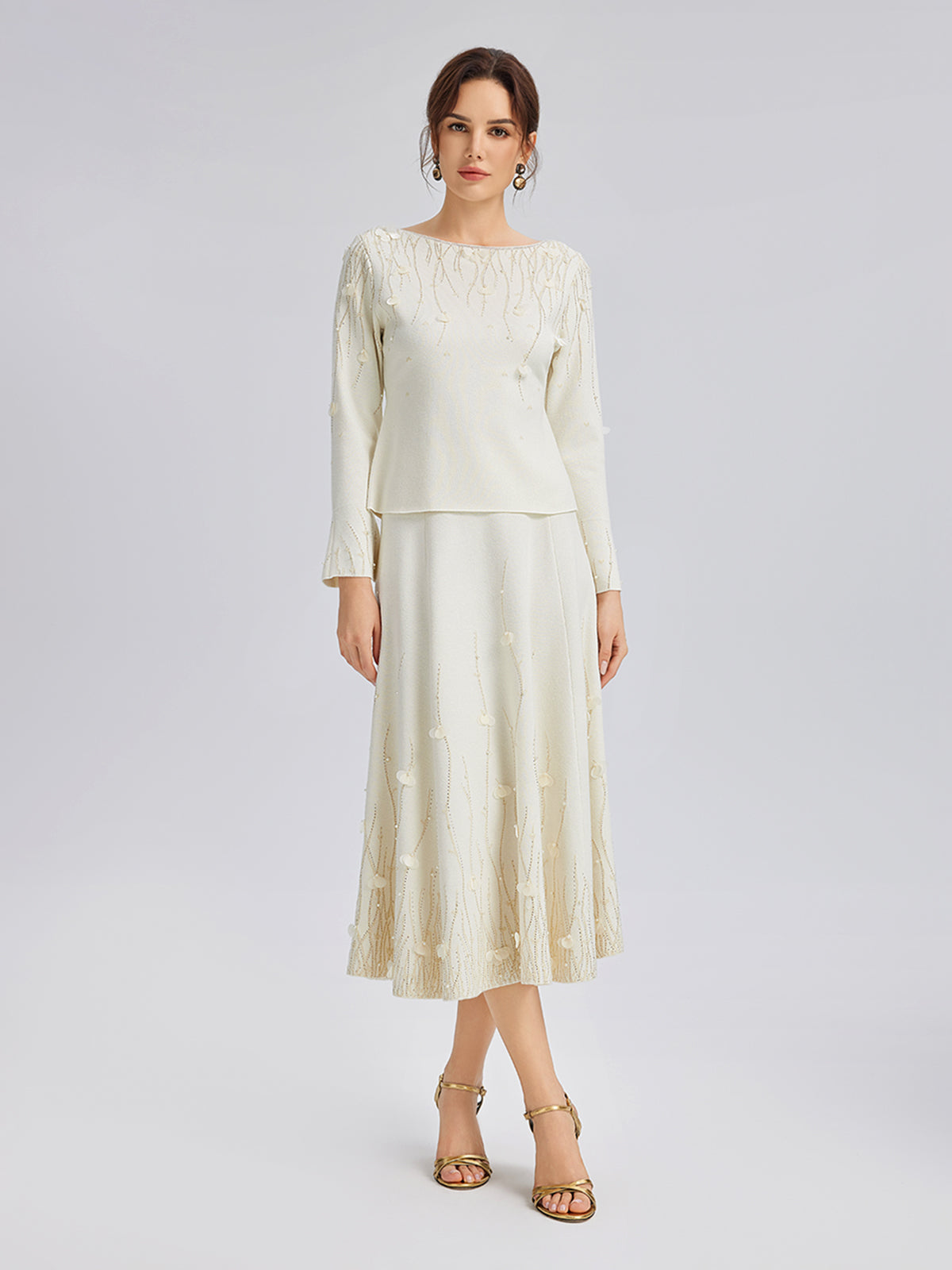 Rhinestone Beaded Wool Knit Elasticated Skirt