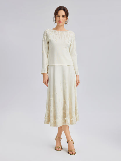 Rhinestone Beaded Wool Knit Elasticated Skirt