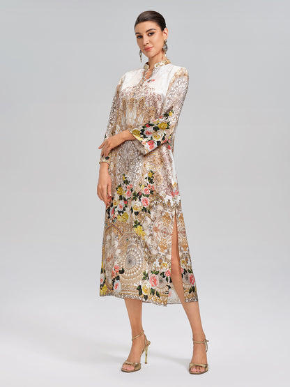 100% Silk Printed Stand-Collar Dress