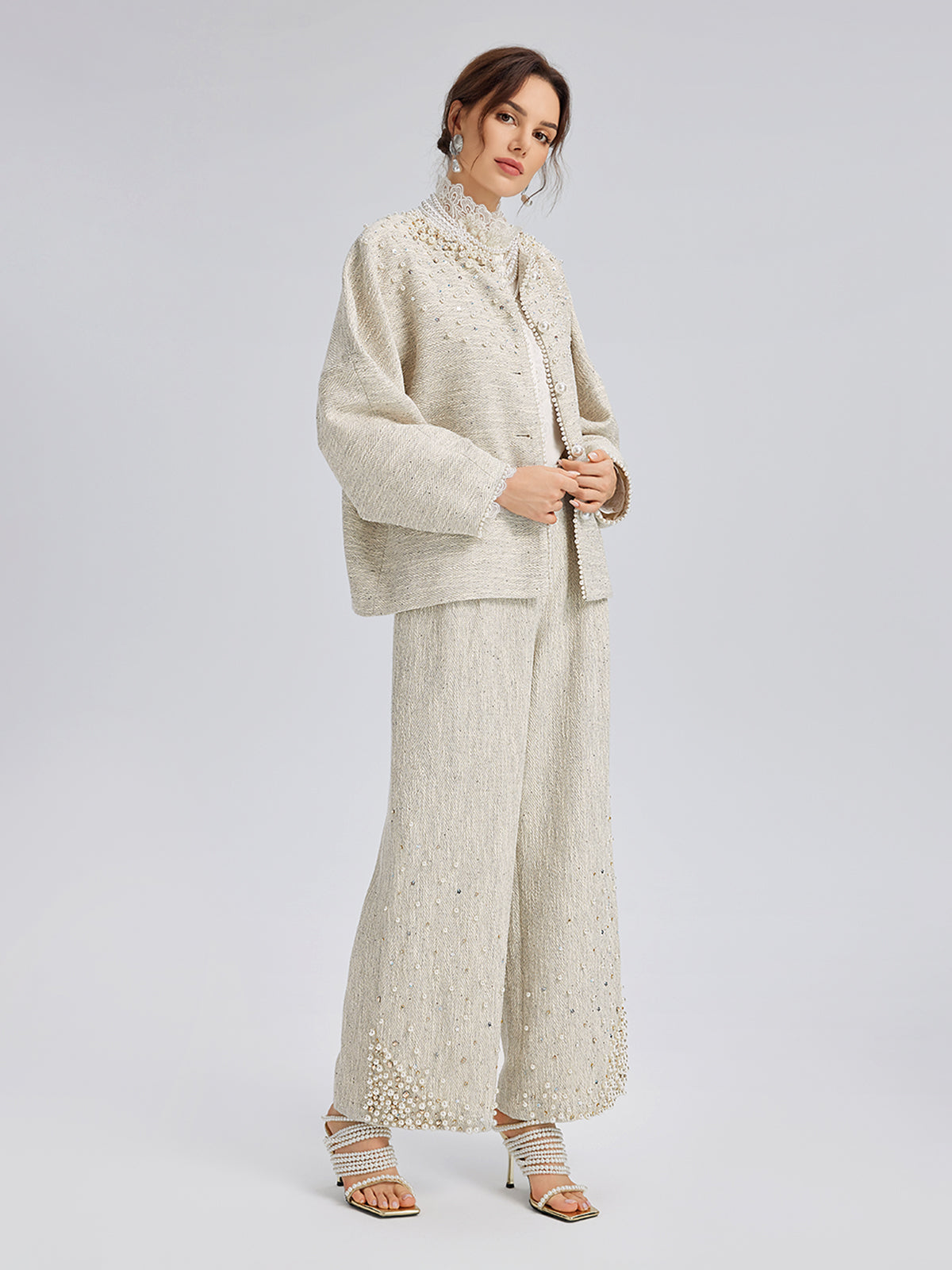 Final Sale | Hand-Sewn Pearl Textured Straight-Leg Pants
