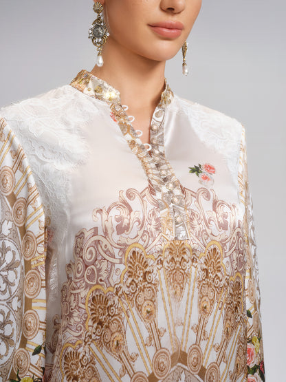 100% Silk Printed Stand-Collar Dress