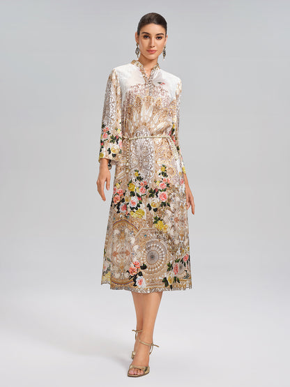 100% Silk Printed Stand-Collar Dress