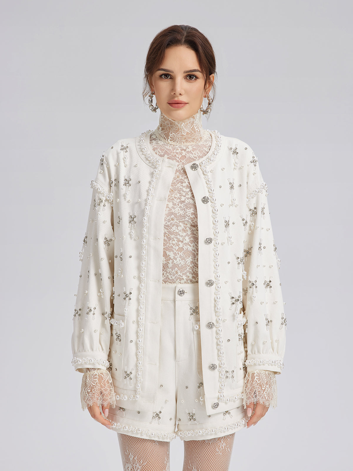 Hand-Beaded Pearl Ribbon Denim Jacket