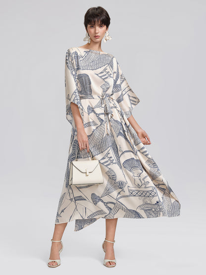 Acetate Satin Nautical Print Dress(Waist Tie Included)