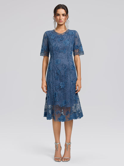 Cutout Lace 3D Floral Short-Sleeve Dress