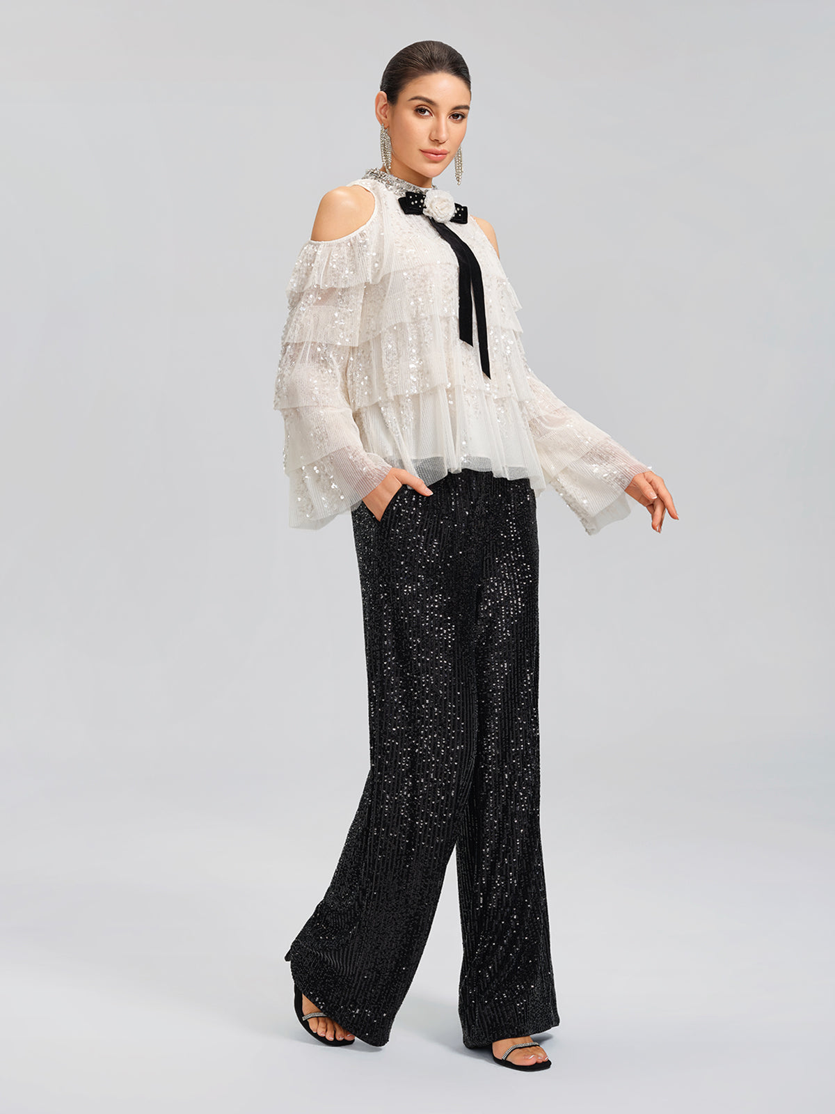 Sequin Pleated Mesh Cold-Shoulder Top (Detachable Bow Included)