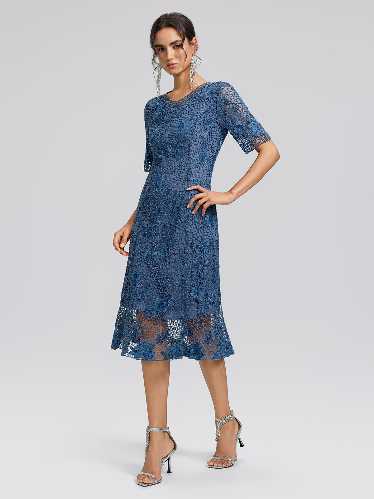 Cutout Lace 3D Floral Short-Sleeve Dress