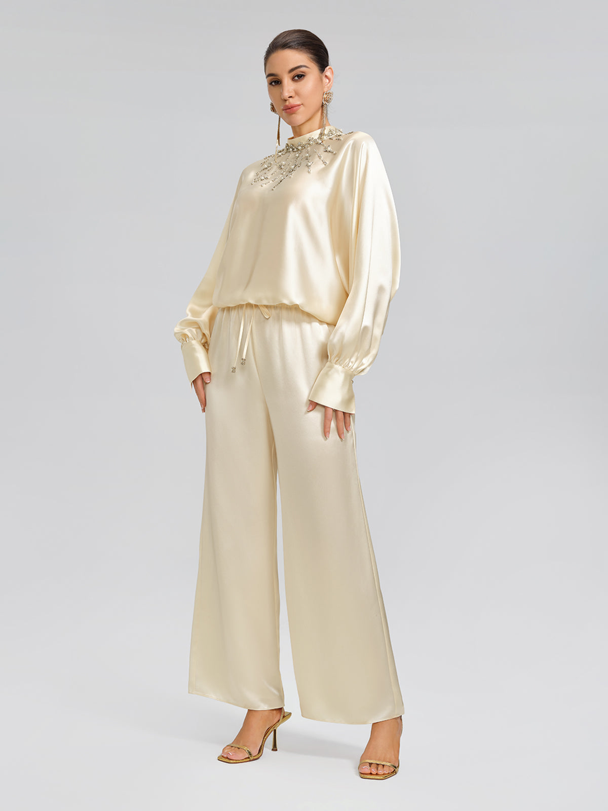 Acetate Beaded Stand-Collar Puff-Sleeve Top