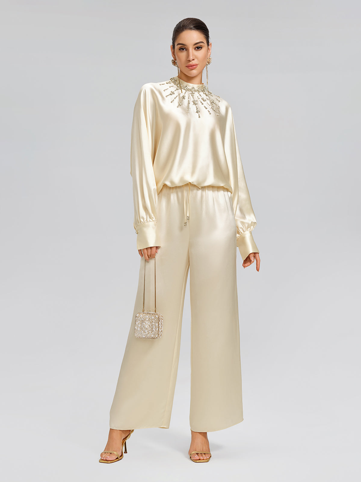 Acetate Beaded Stand-Collar Puff-Sleeve Top