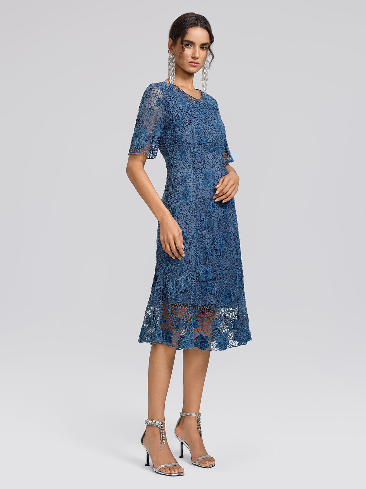 Cutout Lace 3D Floral Short-Sleeve Dress