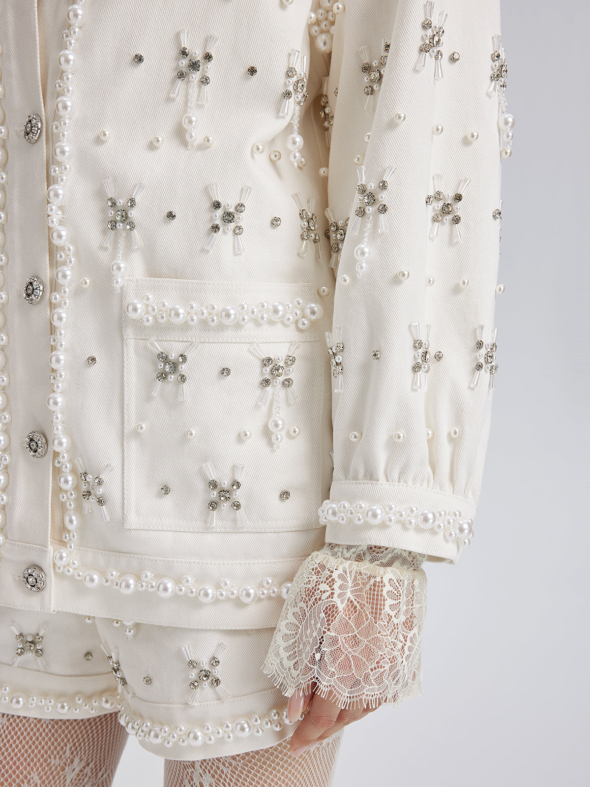 Hand-Beaded Pearl Ribbon Denim Jacket
