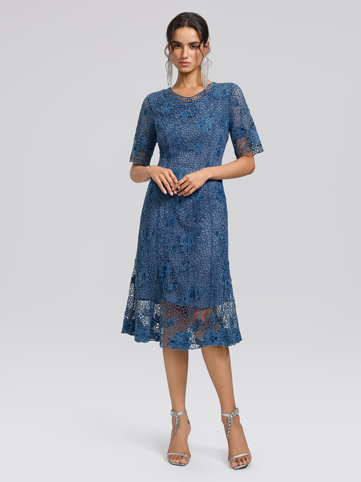 Cutout Lace 3D Floral Short-Sleeve Dress