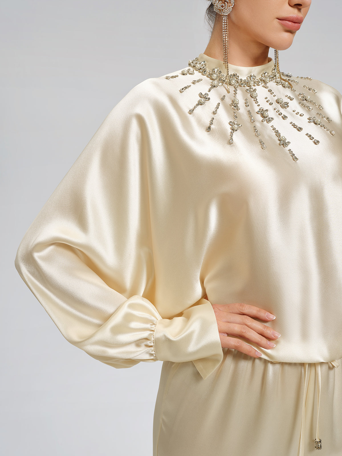 Acetate Beaded Stand-Collar Puff-Sleeve Top