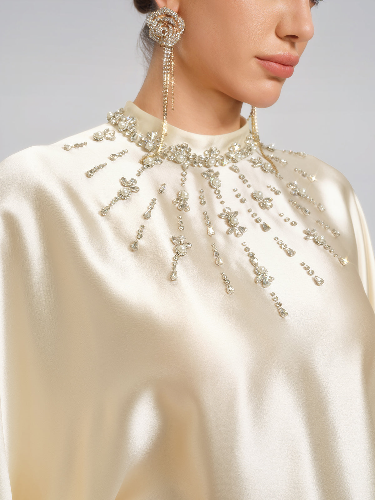 Acetate Beaded Stand-Collar Puff-Sleeve Top