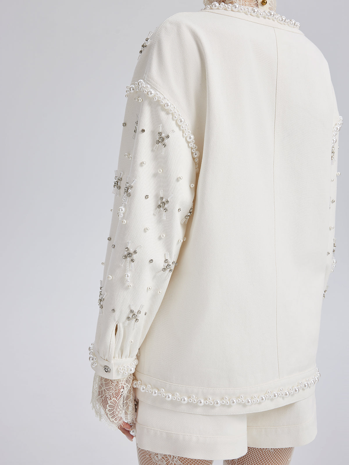 Hand-Beaded Pearl Ribbon Denim Jacket
