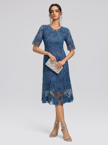 Cutout Lace 3D Floral Short-Sleeve Dress