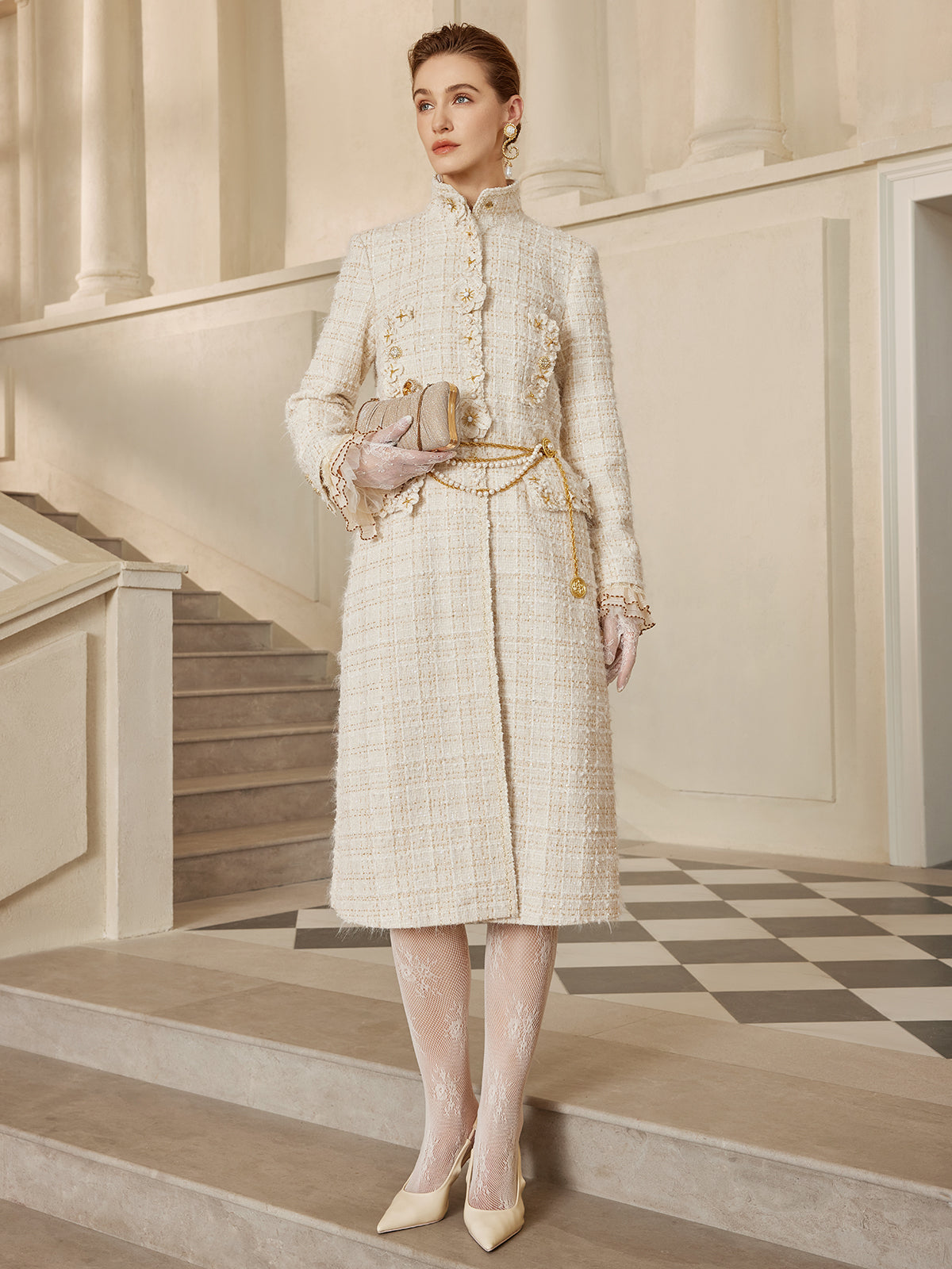 Two-Tone Check Tweed Hand-Beaded Floral Coat