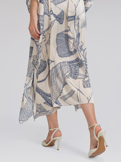Acetate Satin Nautical Print Dress(Waist Tie Included)