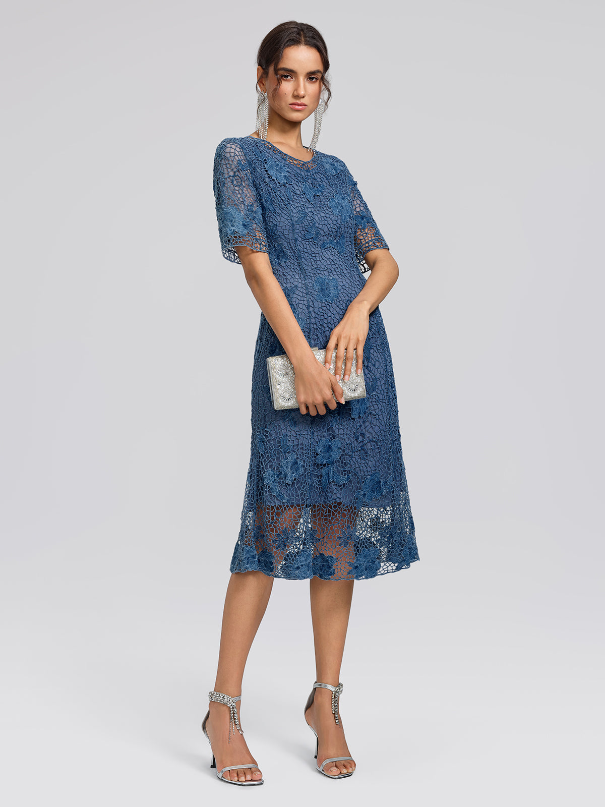 Cutout Lace 3D Floral Short-Sleeve Dress