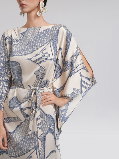 Acetate Satin Nautical Print Dress(Waist Tie Included)