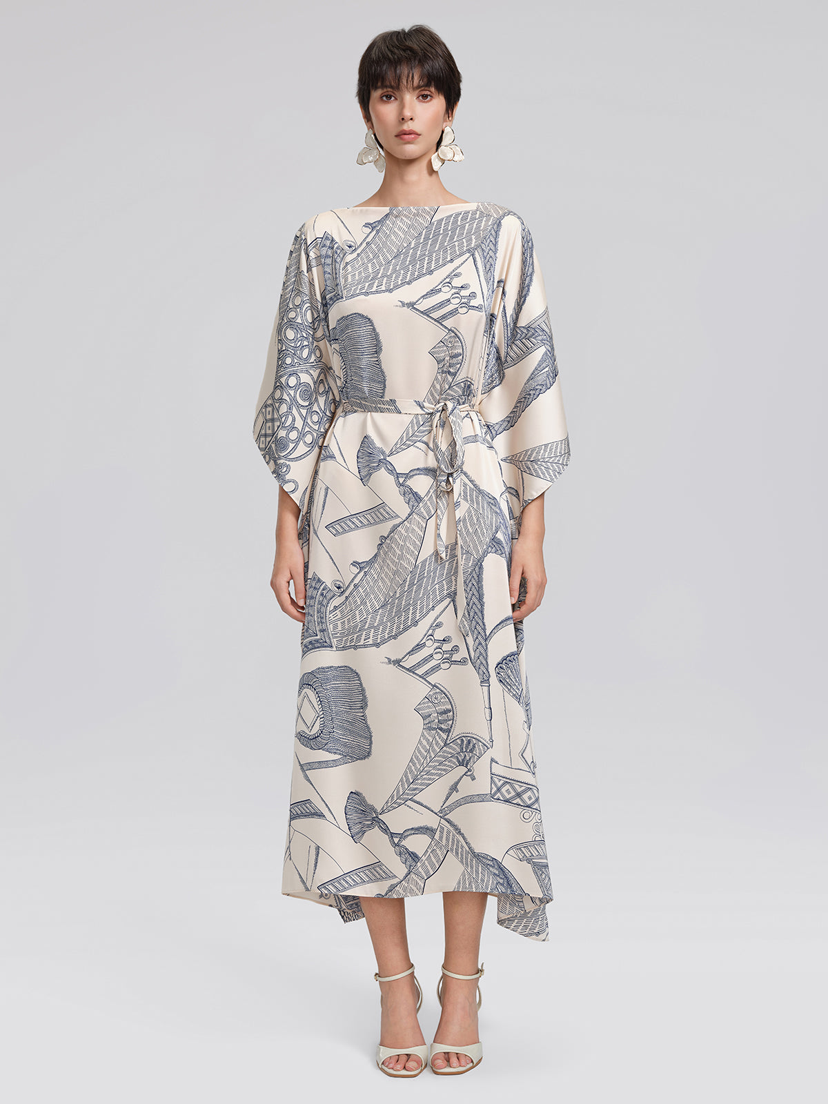 Acetate Satin Nautical Print Dress(Waist Tie Included)